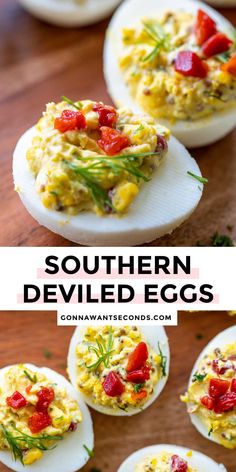 deviled eggs with tomatoes and other toppings are shown on a wooden table top