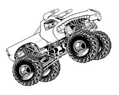 a monster truck is shown in black and white, with an intricate design on the front