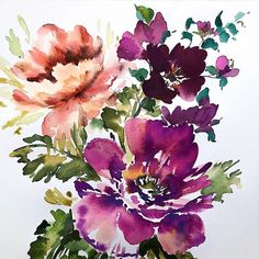 a watercolor painting of flowers in a vase