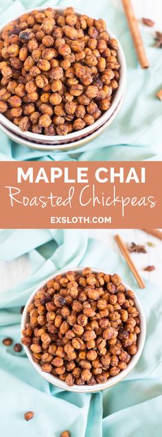 maple chai roasted chickpeas in a white bowl with cinnamon sticks on the side