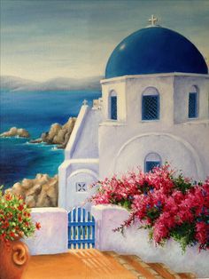 a painting of a white building with blue dome and flowers in front of the ocean