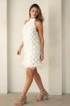 cream feather dress, white dress, cocktail dress, party dress, formal white dress, women's dresses, dresses, mini dress Feather Dress, Ribbon Tie, Cream Dress, Halter Neckline, Denim Jumpsuit, Barbie Fashion, Tie Back, Jeans Dress, Winter Collection