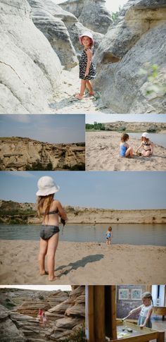 a collage of photos showing children playing on the beach