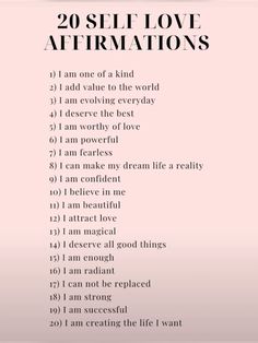 a pink poster with the words 20 self love affirmations on it and an image of