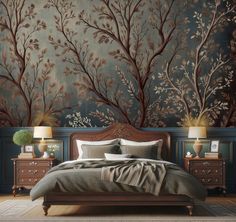 a bedroom with a bed, nightstands and wall papered trees on the walls