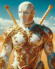 a man in white and gold armor with two swords on his shoulders, standing in the desert