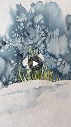 a watercolor painting of flowers in the snow