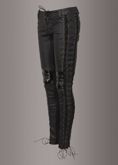 Rock your rebellious look in these faux leather pants by Punk Rave! Shimmy right on into the soft black faux leather fabric of these bottoms and get to fearlessly flaunting their decorative laced-up details for all to see. Available in sizes S, M and L. Made out of 50% polyurethane, 49% cotton and 1% other fibres. Set the denim aside for an evening and finish off your look with these awesome pants! Measurements SIZE CHART BOTTOMS XS S M L XL XXL WAIST (in) 23-24 25-26 27-28 29-30 31-32 33-34 HIP Comicon Outfit, Lace Up Leather Pants, Steampunk Outfits Women, Punk Rock Style, Shaggy Jacket, Rocker Outfit, Band Outfits, Bodycon Cocktail Dress, Black Punks