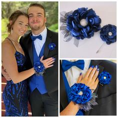 a couple dressed up in formal wear posing for pictures with blue flowers and brooches on their lapels