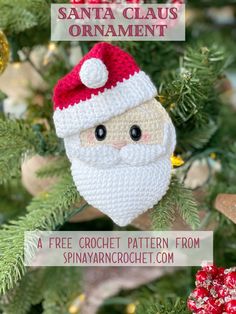 a crocheted santa clause ornament hanging from a christmas tree with text overlay