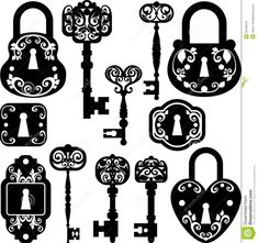 the silhouettes of various keys and locks are shown in black and white, as well as