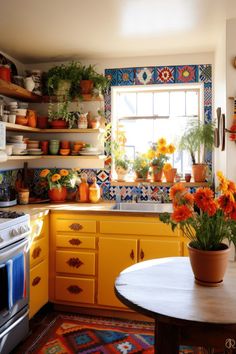 a kitchen filled with lots of pots and flowers on the counter top next to an oven