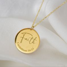 "Faith Necklace for Women, 14k Gold Bible Verse Scripture Necklace, Christian Religious Gift for Her, Silver Church Necklace, Christmas Gift This necklace will be certainly GREAT GIFT for Christmas, Anniversary, Valentines Day, Mother`s day, Birthday, Engagement, Bridesmaid or Girlfriends. INFO ABOUT PRODUCT *Material: High Quality 925 Sterling Silver/14K Solid Gold. *Finish: Sterling Silver, 14K Gold-Plated, 14K Rose Gold-Plated and 14K Solid Gold, 14K White Gold, 14K Rose Gold. *Pendant diamet Christian Bridesmaid Gifts, Gold Bible Verse, Faith Necklace, Faith Jewelry, Christian Fashion, Gold Disc, Religious Gifts, Dainty Jewelry, Christian Gifts