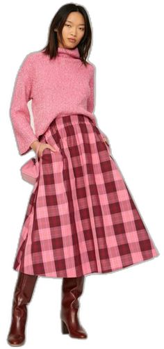 Casual A-line Plaid Skirt, Plaid A-line Skirt With Lining, Pink Fall Midi Skirt, Pink Midi Skirt For Fall, Pink Long Skirt For Fall, Long Pink Skirt For Fall, Plaid Full Skirt With Lining, Plaid Midi Skirt For Fall, Relaxed Pink Skirt For Fall