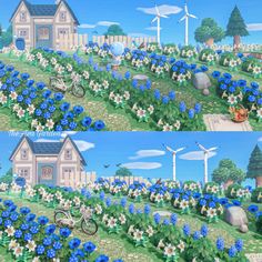 two pictures of blue flowers in front of a house with windmills on the other side