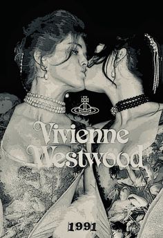 two women kissing each other in front of a black and white background with the words vieme westwood