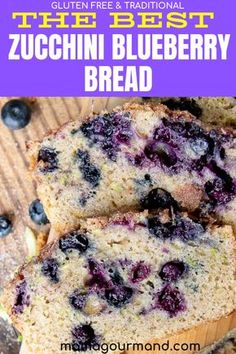 blueberry zucchini bread is cut into slices and sitting on a cutting board