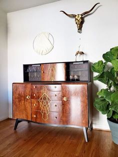 a room with a plant and a dresser