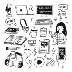 hand drawn doodles of electronic devices and people