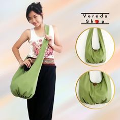 This hobo bag made from canvas fabric. This sturdy and durable bag is useful and big enough for all your daily essentials. The strap is long, it can be cross-body or sling over your shoulder. Material: 100% Canvas fabric Color: Pea Green 🎯Feature :  1 interior zipper pocket 1 top zipper closure 📐Measurements: Wide:  21" Height:  13"  Strap Drop Length:  23" (This is handmade bag, the measurement may be different slightly.) 📚VARIATIONS COLOR :  🌈You can see the color chart here: https://img1. Eco-friendly Hobo Bag For Daily Use, Green Bohemian Hobo Bag For Everyday, Eco-friendly Green Hobo Shoulder Bag, Green Hobo Bag, Tie Dye Bags, Yoga Mat Bag, Mat Bag, Hand Woven Pillows, Boho Bag