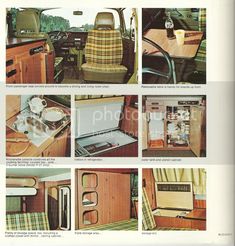 an advertisement for the interior of a camper with pictures of kitchen and dining area