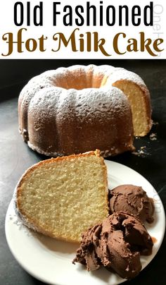 an old fashioned hot milk cake with chocolate frosting on a plate next to it