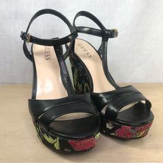 Guess Shoes Sandal Black Size 8m Embroidered Floral Fabric Strap Wedge Platform Black Embroidered Round Toe Sandals, Embroidered Black Heels For Summer, Black High Heels With Floral Embroidery, Embroidered Black Summer Heels, Summer Embroidered Black Heels, Black Heels With Floral Embroidery And Round Toe, Black Embroidered Closed Toe Sandals, Black Embroidered Open Toe Heels, Black Embroidered Open Toe Sandals