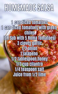 the recipe for homemade salsa in a jar