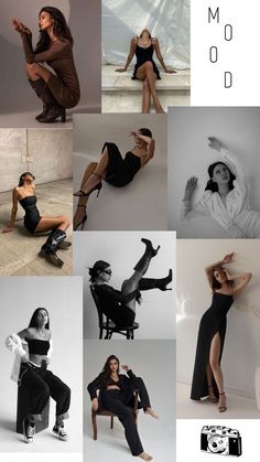 a series of photos showing different women in black and white outfits, with the words mood written