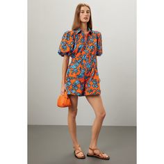 Multicolored cotton (100% Cotton). Romper. Short sleeves. Collared neckline. Front button fly closure. 32" from shoulder to hemline. 4" inseam. Imported. Fitted Summer Cotton Jumpsuits And Rompers, Hunter Bell, Simple Sandals, Cotton Romper, Rent The Runway, Closet Designs, Tall Girl, Playsuit, Puff Sleeve