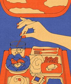 an image of a person reaching for food on a tray with other foods in it