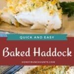 baked haddock on a cutting board with the title quick and easy