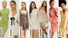 six different types of dresses with the names on them