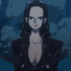 an anime character with long black hair and blue eyes is looking at the camera while wearing a jacket