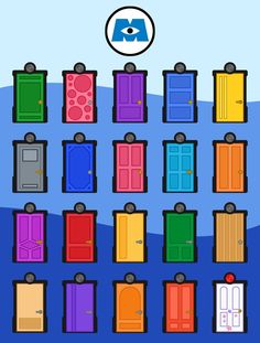 an image of colorful doors in the middle of a blue background with words on it