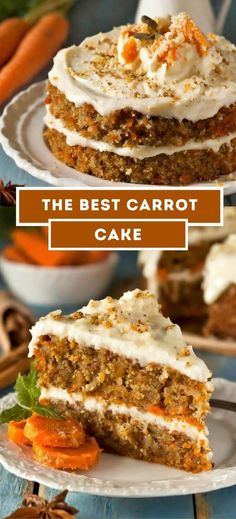 carrot cake with cream cheese frosting on top and carrots in the back ground