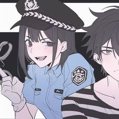 two anime characters are holding scissors and looking at each other's eyes while wearing police uniforms