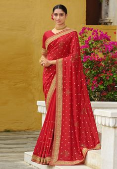 Silk Saree with blouse in Red colour 87827  Desc:  Color : Red Fabric : Silk Work : Embroidery   Lace Border Wash Care : Dry clean Sleeve Style : Half Sleeve Long Sleeves : Done only in Custom Stitch Sleeves Lining : Done only in Custom Stitch Bust Size : 32 to 42 Inches Occasion : Festival   Diwali   Eid   Durga Pooja   Ganesh Charturthi   Dussehra. With Express Free Shipping and Custom Stitching, Buy Indian Party wedding wear Bridal Sarees Silk Saree with blouse in Red colour 87827 online in U Red Colour Saree, Embroidery Lace Border, Colored Weave, Sarees Silk, Latest Designer Sarees, Silk Saree Blouse, Wedding Saree Indian, Half Sleeve Blouse, What To Wear To A Wedding