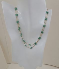 14 Karat Yellow Gold Double Strand Necklace with Stations of Emerald Beads Engraved Bangle, Double Strand Necklace, Emerald Bead, Strand Necklace, Round Shape, Turquoise Necklace, Gold Jewelry, Emerald, Chain Necklace