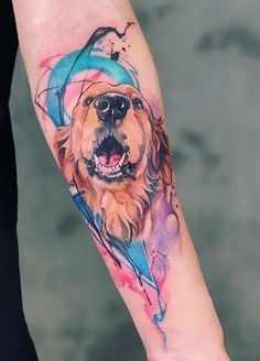 a dog with a hat on his head is shown in this watercolor tattoo