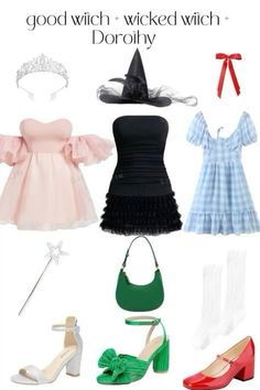 four different types of clothes and shoes with words that say good witch, wicked witch, dorority