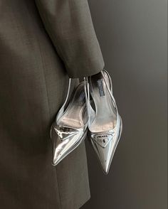 Silver Pointed Heels, Silver Trousers, Heels Aesthetic, Shoes Prada, Silver Pumps, Pointed Heels, Girly Shoes, Shoe Inspo