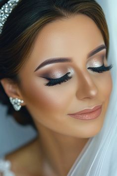 Bride with soft makeup, winged eyeliner, and peach lipstick, wearing pearl earrings and a headpiece. Shimmer Eye Makeup For Bride, Glittery Bridal Makeup, Shimmer Bridal Makeup, Gold Tone Wedding Makeup, Gold Soft Glam Makeup, Golden Glow Bridal Makeup, Wedding Makeup Inspiration, Subtle Smokey Eye, Luminous Makeup