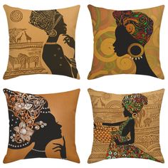 four decorative pillows with african women on them