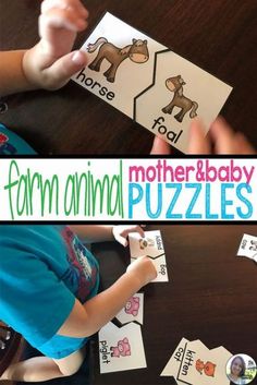 a collage of pictures with the words farm animal and baby puzzles in front of them