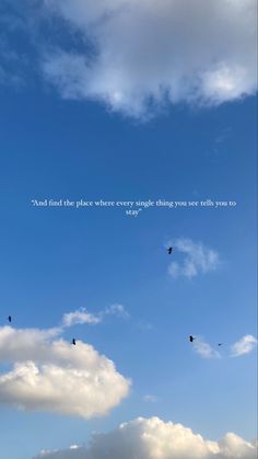 birds flying in the sky with a quote above them that says, and find the place where everything you see to stay