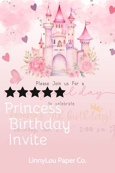 a princess birthday party with pink flowers and castle on it's side, text reads princess