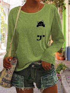 Cat Print Long Sleeve T-Shirt Long Sleeve Cotton Tops With Cat Print, Casual Long Sleeve Tops With Cat Design, Casual Long Sleeve Top With Cat Print, Spring Long Sleeve Tops With Cat Design, Casual Cotton Tops With Cat Print, Casual Cotton Cat Print Tops, Casual Cotton Top With Cat Print, Trendy Crew Neck T-shirt With Cat Design, Trendy Cat Print Crew Neck T-shirt