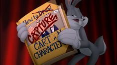 an animated rabbit holding up a book with the title how to draw cartoon characters written on it