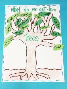 a tree with words written on it that say, what do we get from trees?